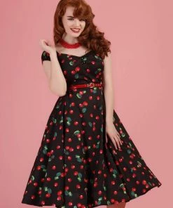 New In Collectif Dolores 50's Cherry 50's Swing Dress Black