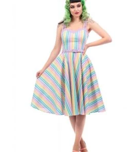 Collectif Nova Rainbow Stripes 50's Swing Dress Multi New In