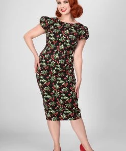 New In Collectif Demira Wild Strawberries 50's Pencil Dress Black
