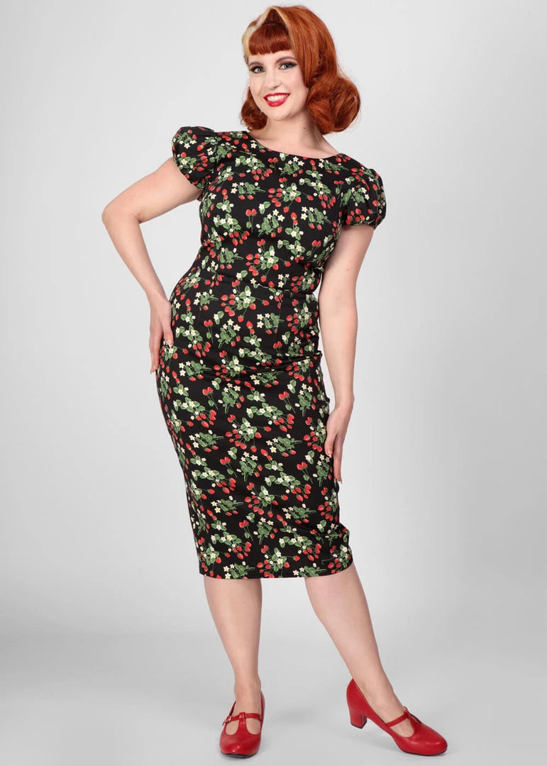 New In Collectif Demira Wild Strawberries 50's Pencil Dress Black