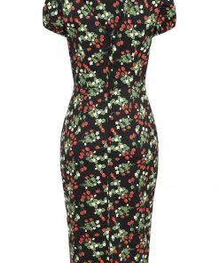 New In Collectif Demira Wild Strawberries 50's Pencil Dress Black