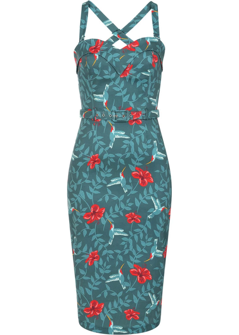 Collectif Kiana Hummingbird Eden 50's Pencil Dress Teal