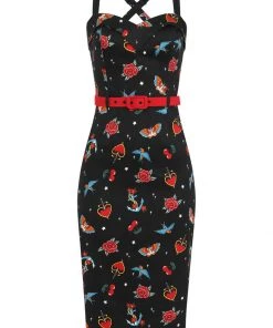 Collectif Kiana Old School 50's Pencil Dress Black New In