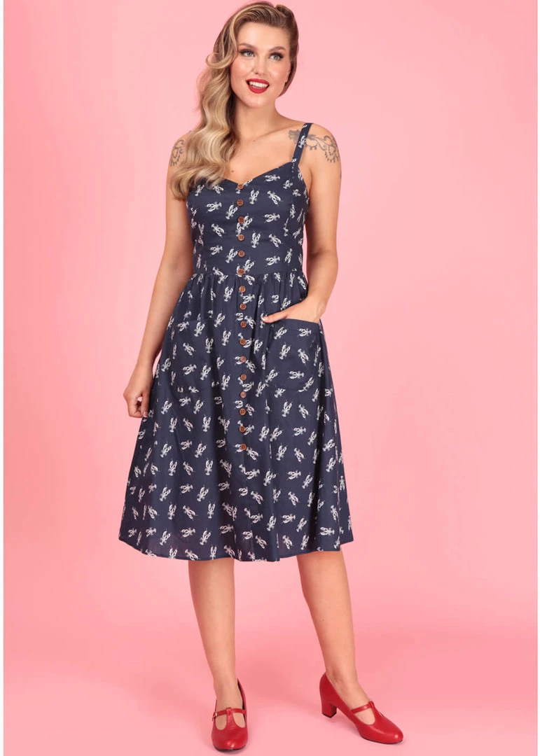 New In Collectif Kimberly Lobster 50's Swing Dress Navy