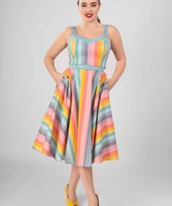 New In Collectif Nova Dreamy Rainbow Stripe 50's Swing Dress Multi