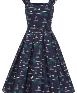 New In Collectif Jill Flamingo Palm 50's Swing Dress Navy