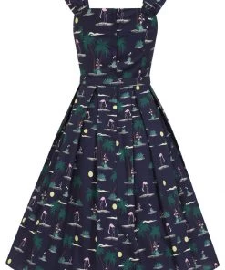 New In Collectif Jill Flamingo Palm 50's Swing Dress Navy