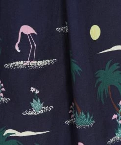 New In Collectif Jill Flamingo Palm 50's Swing Dress Navy