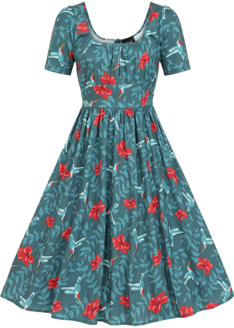New In Collectif Giada Hummingbird Eden 50's Swing Dress Teal