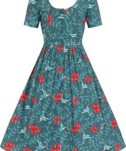 New In Collectif Giada Hummingbird Eden 50's Swing Dress Teal