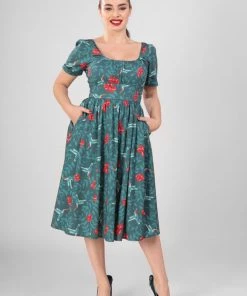 New In Collectif Giada Hummingbird Eden 50's Swing Dress Teal