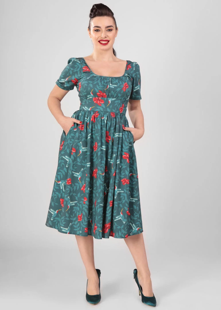 New In Collectif Giada Hummingbird Eden 50's Swing Dress Teal