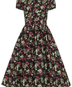 New In Collectif Demira Wild Strawberries 50's Swing Dress Black