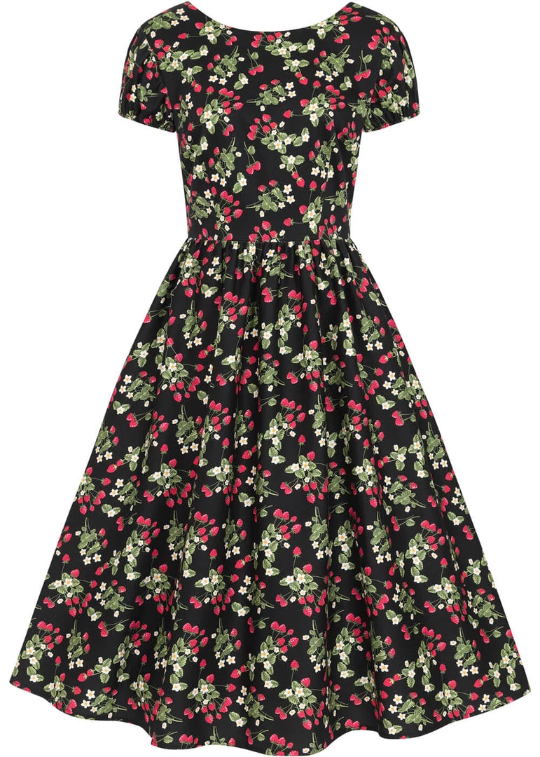 New In Collectif Demira Wild Strawberries 50's Swing Dress Black