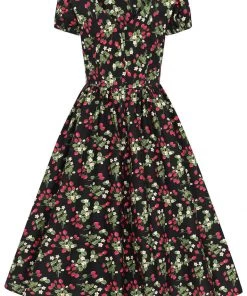 New In Collectif Demira Wild Strawberries 50's Swing Dress Black