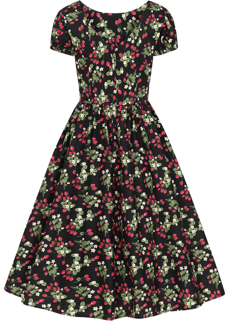 New In Collectif Demira Wild Strawberries 50's Swing Dress Black