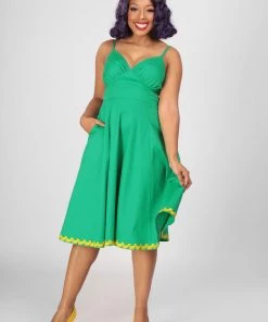New In Collectif Opal Banana Trim 50's Swing Dress Green