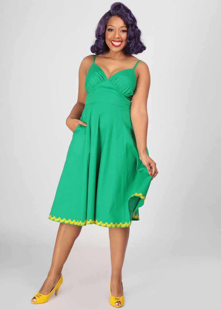 New In Collectif Opal Banana Trim 50's Swing Dress Green