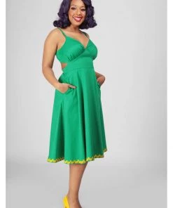 New In Collectif Opal Banana Trim 50's Swing Dress Green
