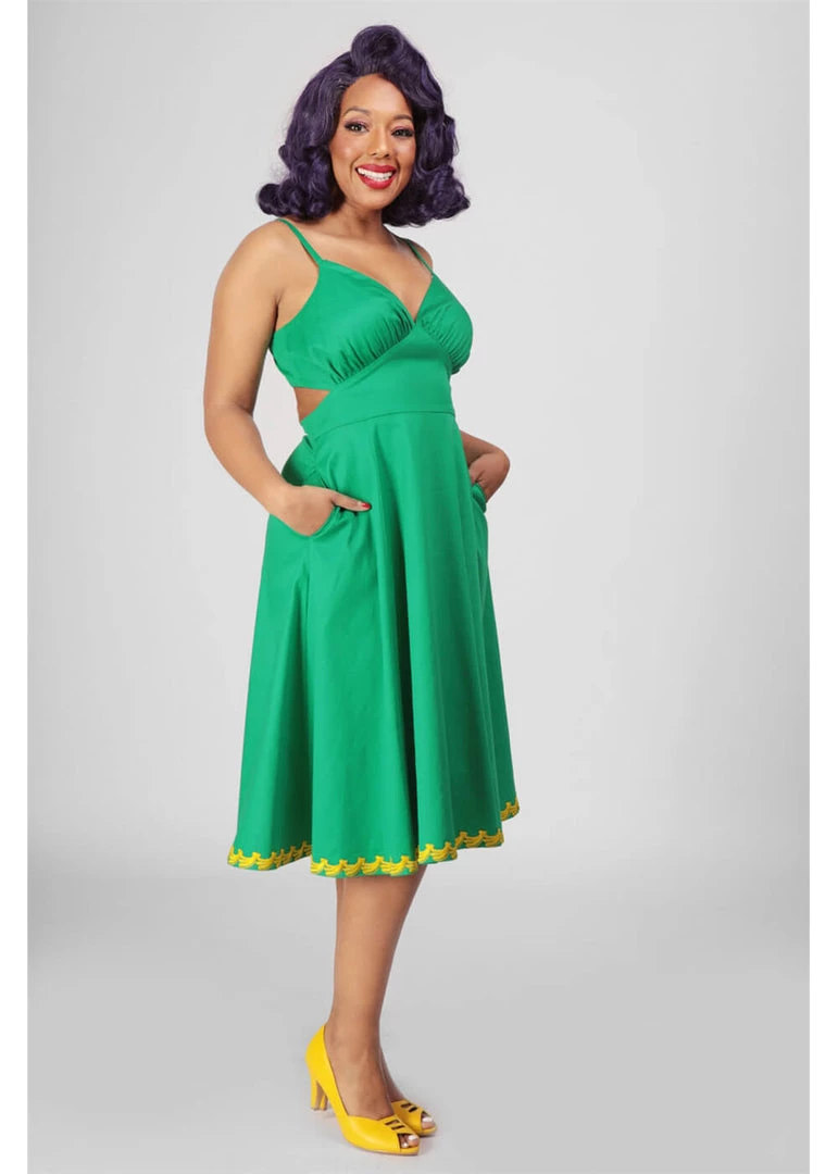 New In Collectif Opal Banana Trim 50's Swing Dress Green