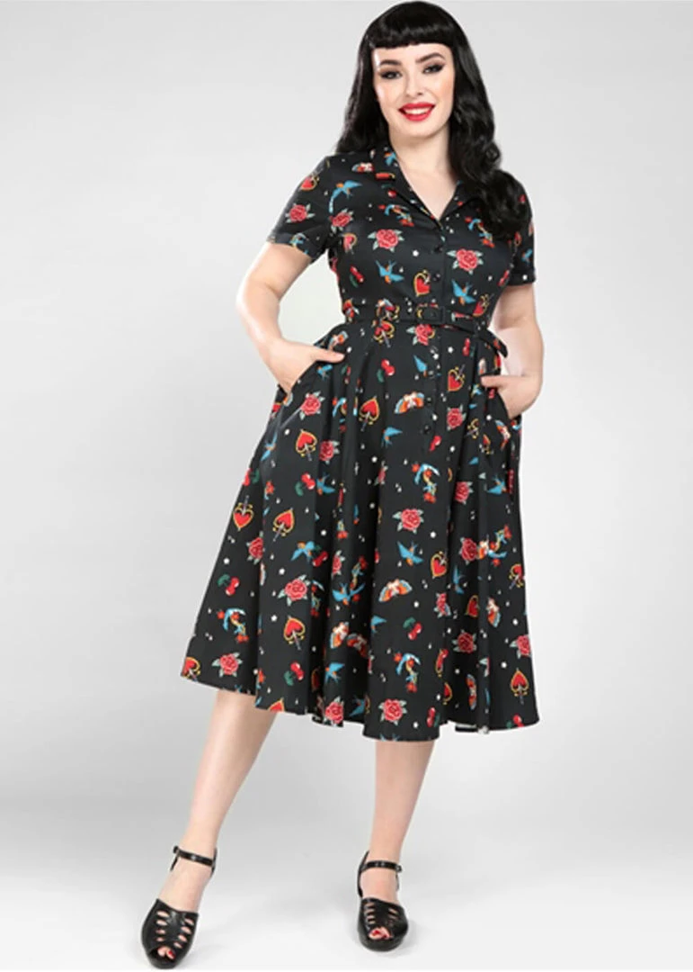 New In Collectif Caterina Old School 50's Swing Dress Black