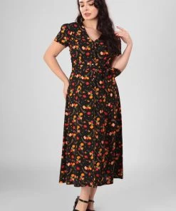 New In Collectif Riley Ditsy Tulip Bloom 40's Dress Black