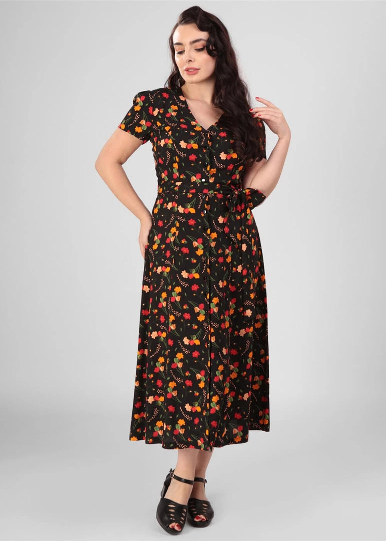 New In Collectif Riley Ditsy Tulip Bloom 40's Dress Black