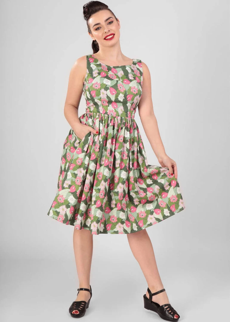 New In Collectif Candice Palm Blush Floral 50's Swing Dress Green