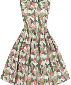 New In Collectif Candice Palm Blush Floral 50's Swing Dress Green