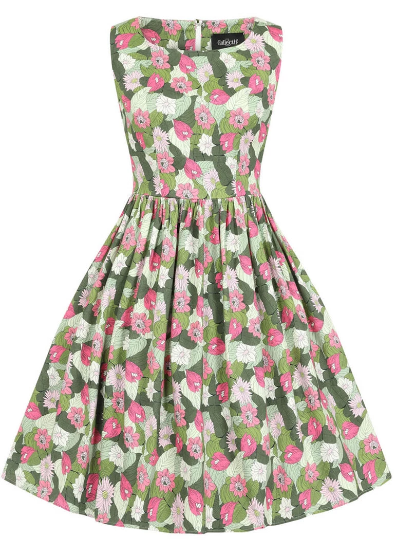 New In Collectif Candice Palm Blush Floral 50's Swing Dress Green
