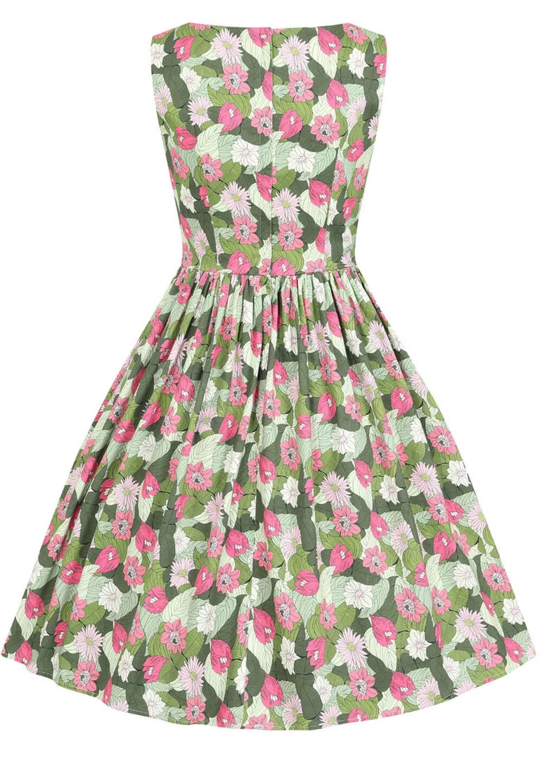 New In Collectif Candice Palm Blush Floral 50's Swing Dress Green