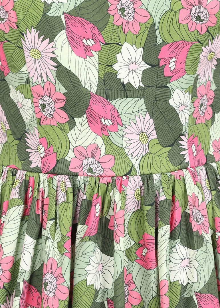 New In Collectif Candice Palm Blush Floral 50's Swing Dress Green