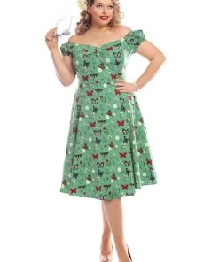 Collectif Dolores Butterfly 50's Swing Dress Green