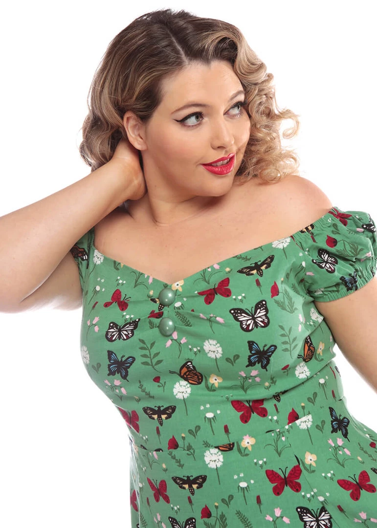 Collectif Dolores Butterfly 50's Swing Dress Green