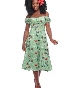 Collectif Dolores Butterfly 50's Swing Dress Green