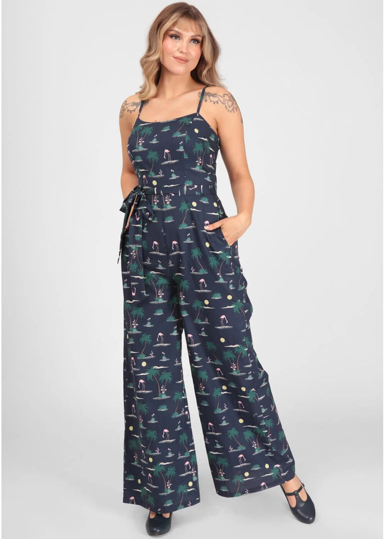 New In Collectif Edda Flamingo 70's Palm Jumpsuit Navy Blue