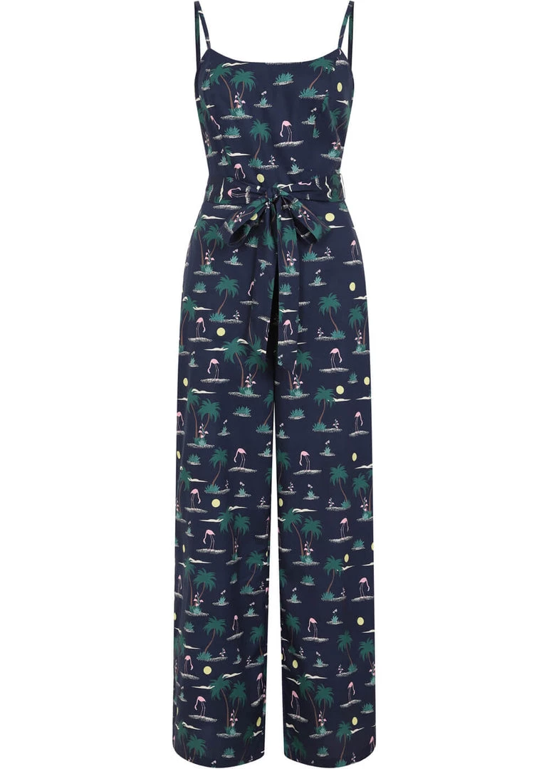 New In Collectif Edda Flamingo 70's Palm Jumpsuit Navy Blue