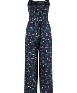 New In Collectif Edda Flamingo 70's Palm Jumpsuit Navy Blue