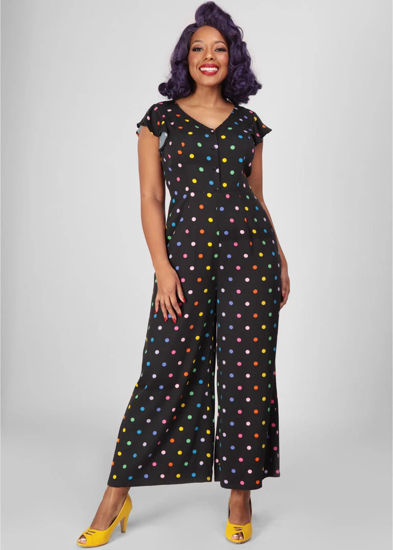 Collectif Thelma Rainbow Polka Dot 70's Jumpsuit Black
