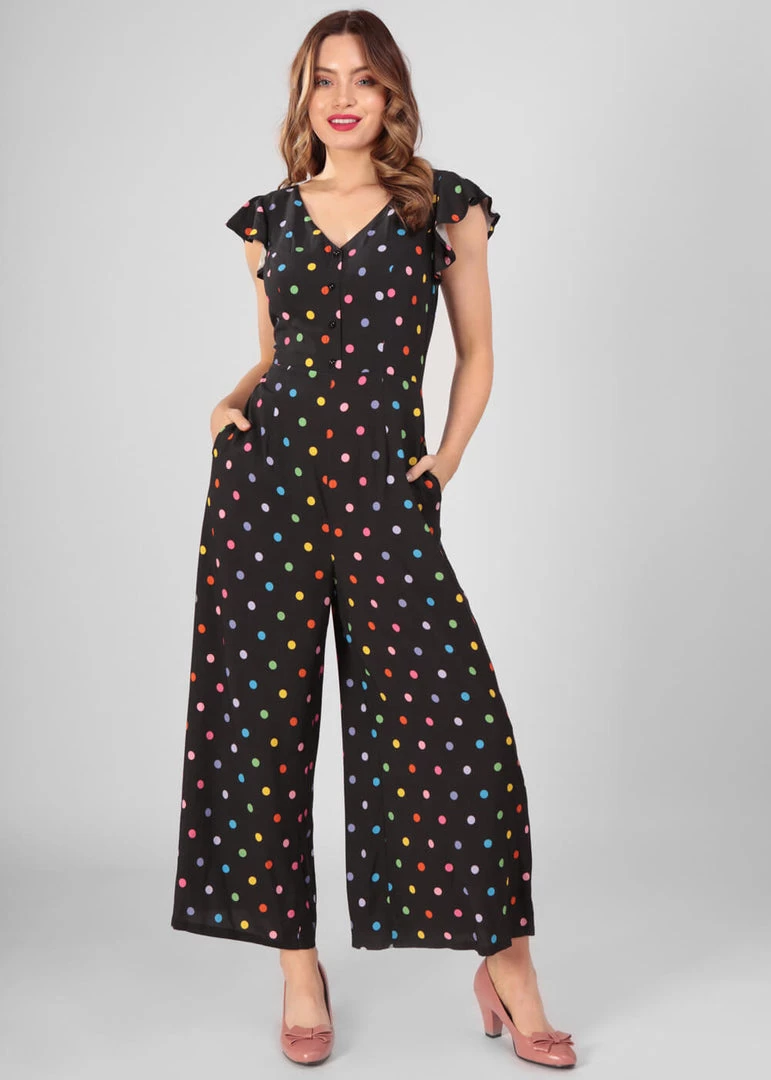 Collectif Thelma Rainbow Polka Dot 70's Jumpsuit Black