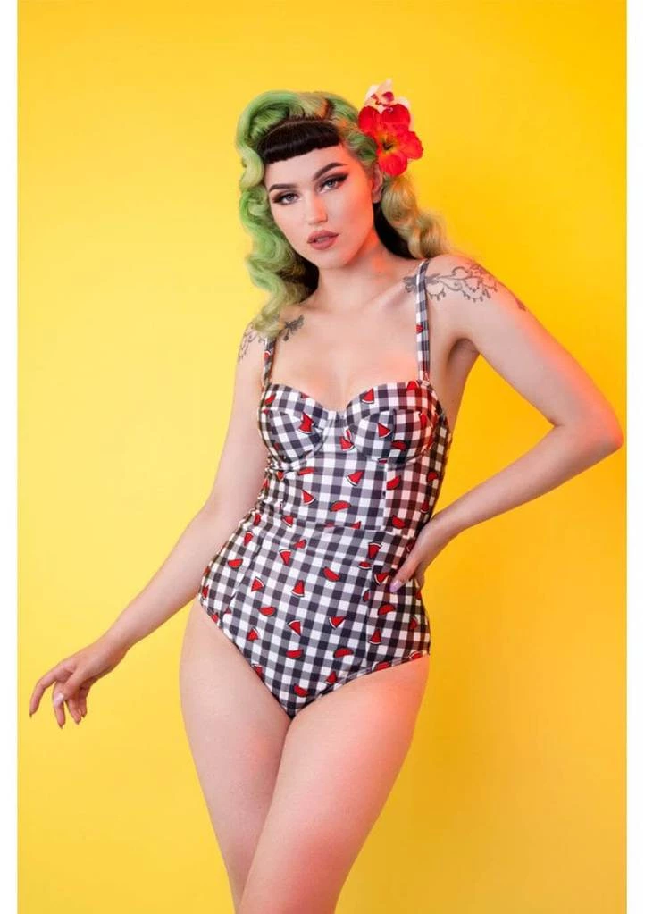 Collectif X Playful Promises Watermelon Gingham 50's One Piece Multi New In
