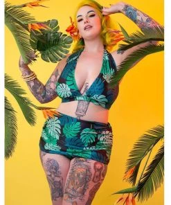 Collectif X Playful Promises Green Palm 50's Bikini Top Multi Colour New In