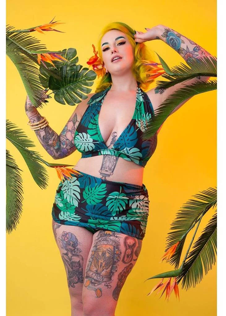 Collectif X Playful Promises Green Palm 50's Bikini Top Multi Colour New In