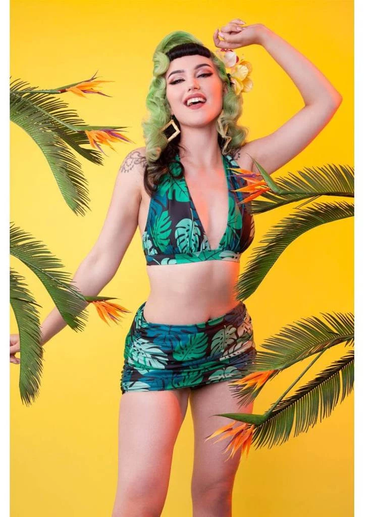 Collectif X Playful Promises Green Palm 50's Bikini Top Multi Colour New In