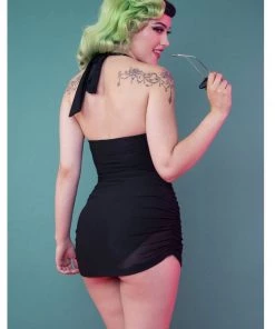 New In Collectif X Playful Promises Mesh Overlay 50's Swimsuit Black