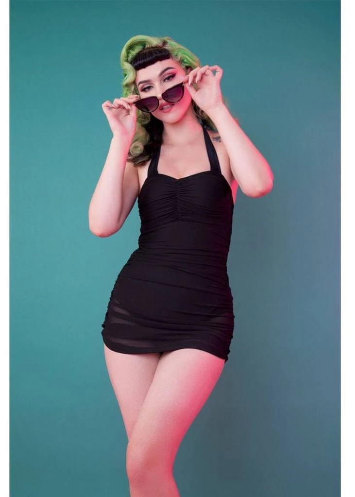 New In Collectif X Playful Promises Mesh Overlay 50's Swimsuit Black