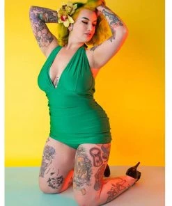 Collectif X Playful Promises High Shine 50's Swimsuit Green