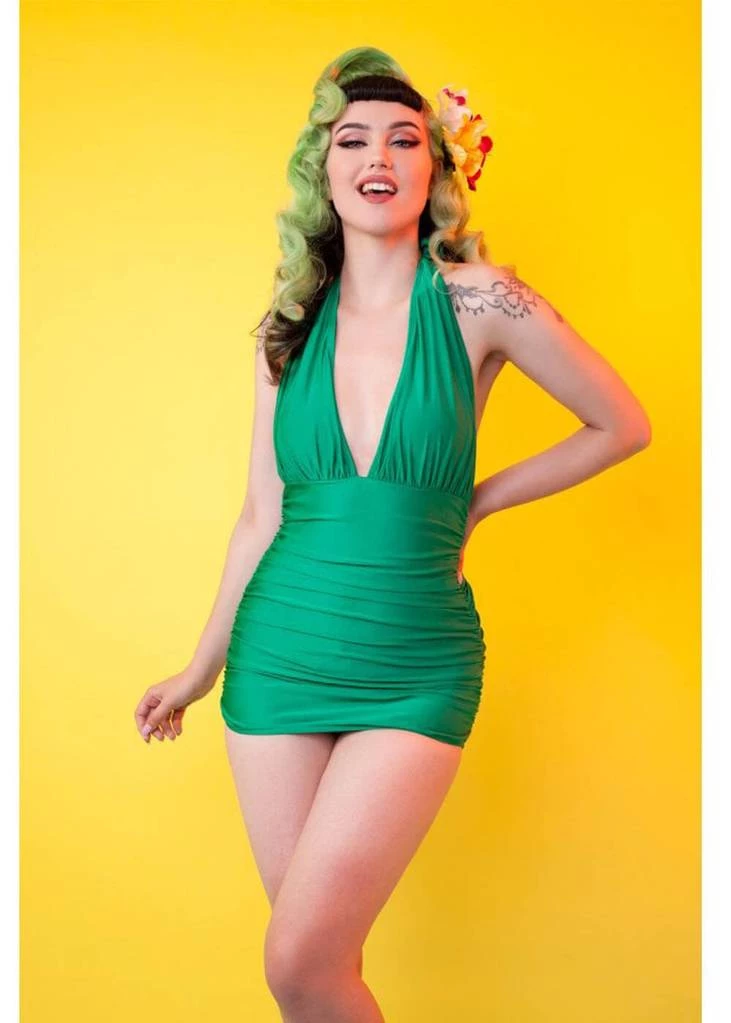Collectif X Playful Promises High Shine 50's Swimsuit Green