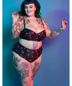 Collectif X Playful Promises Cherry Love 50's Bikini Top Black New In