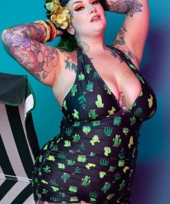 Collectif X Playful Promises Cactus 50's Swimsuit Black New In